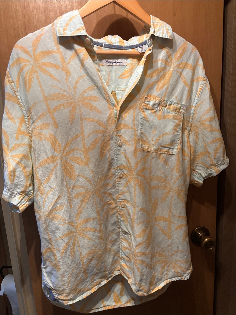 Tommy Bahama Light Blue & Yellow Palm-Print Short Sleeve Button-Up Shirt